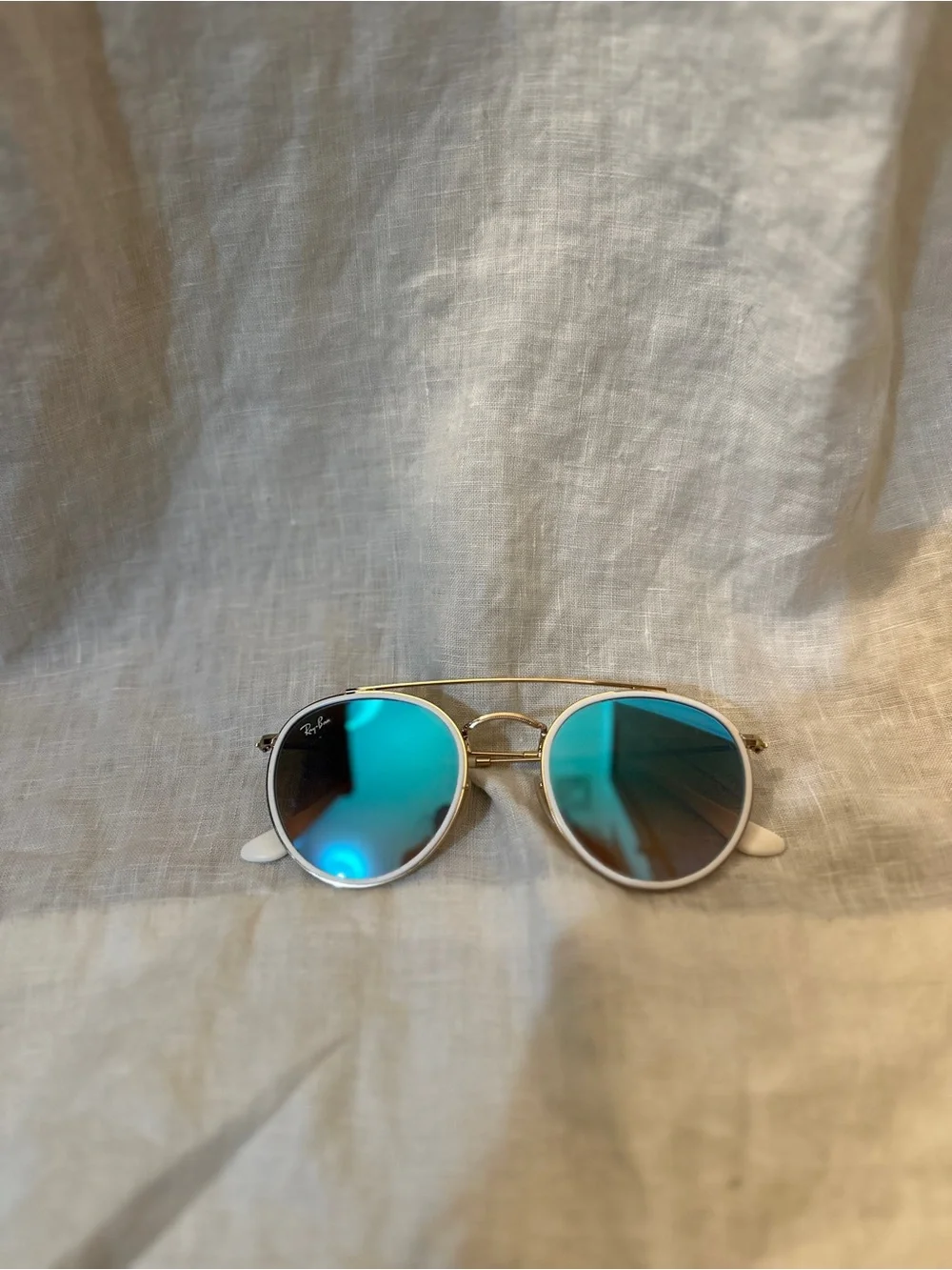 Ray-Ban White & Gold Frame Sunglasses with Round Blue Mirror Lenses